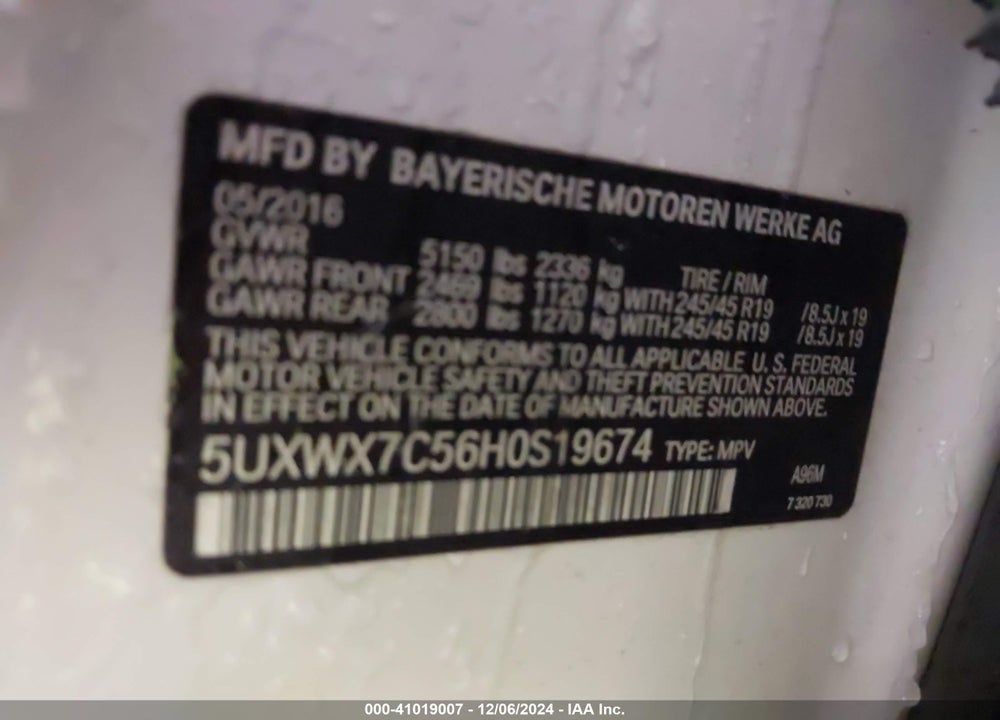 2017 BMW X3 XDRIVE35I VIN: 5UXWX7C56H0S19674