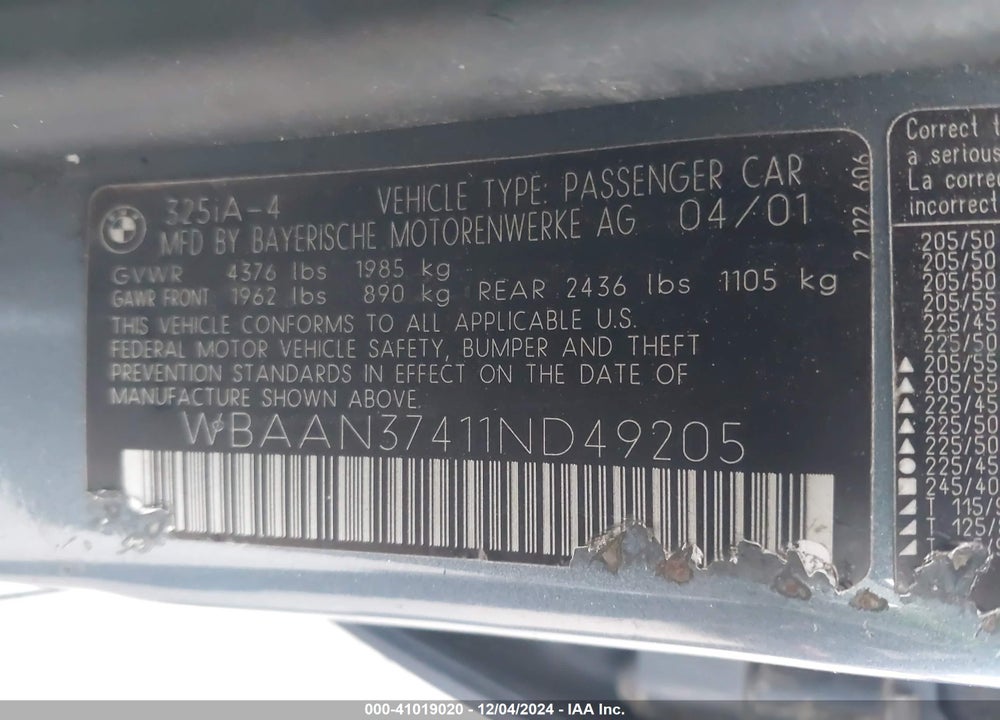 2001 BMW 325I VIN: WBAAN37411ND49205