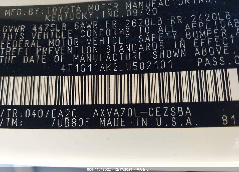 2020 TOYOTA CAMRY SE VIN: 4T1G11AK2LU502101