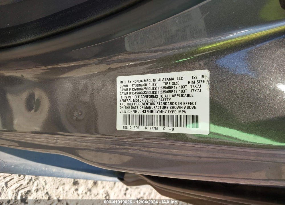 2016 HONDA ODYSSEY SE VIN: 5FNRL5H37GB051467