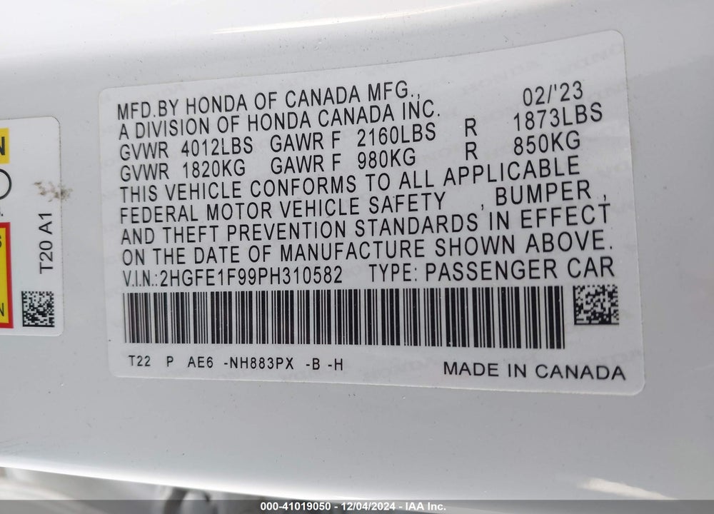 2023 HONDA CIVIC TOURING VIN: 2HGFE1F99PH310582