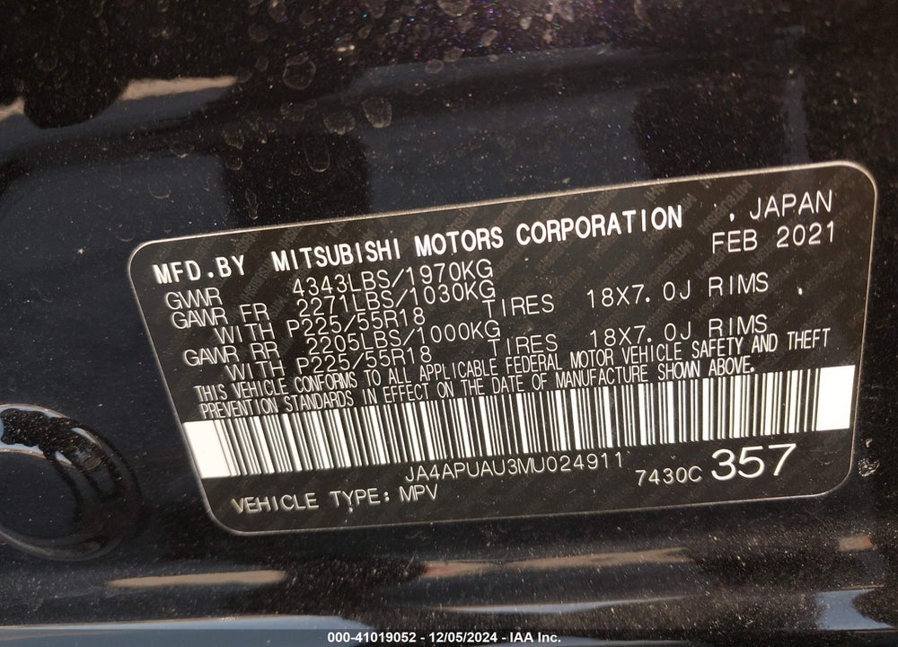 2021 MITSUBISHI OUTLANDER SPORT 2.0 BE 2WD/2.0 ES 2WD/2.0 LE 2WD/2.0 S 2WD VIN: JA4APUAU3MU024911