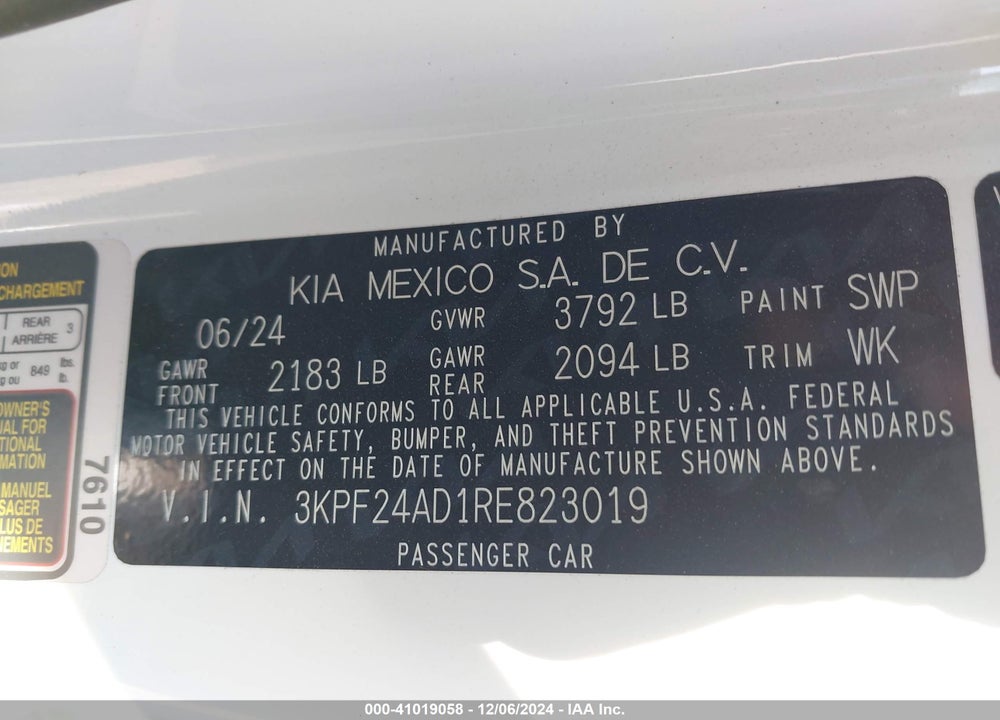 2024 KIA FORTE LXS VIN: 3KPF24AD1RE823019
