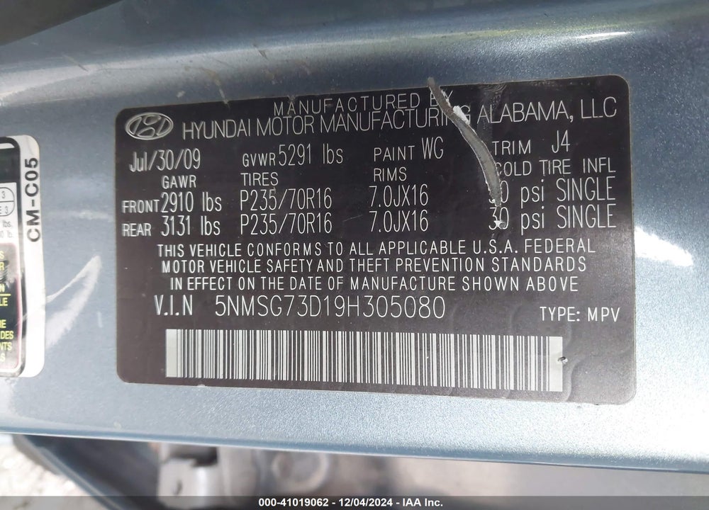 2009 HYUNDAI SANTA FE GLS VIN: 5NMSG73D19H305080