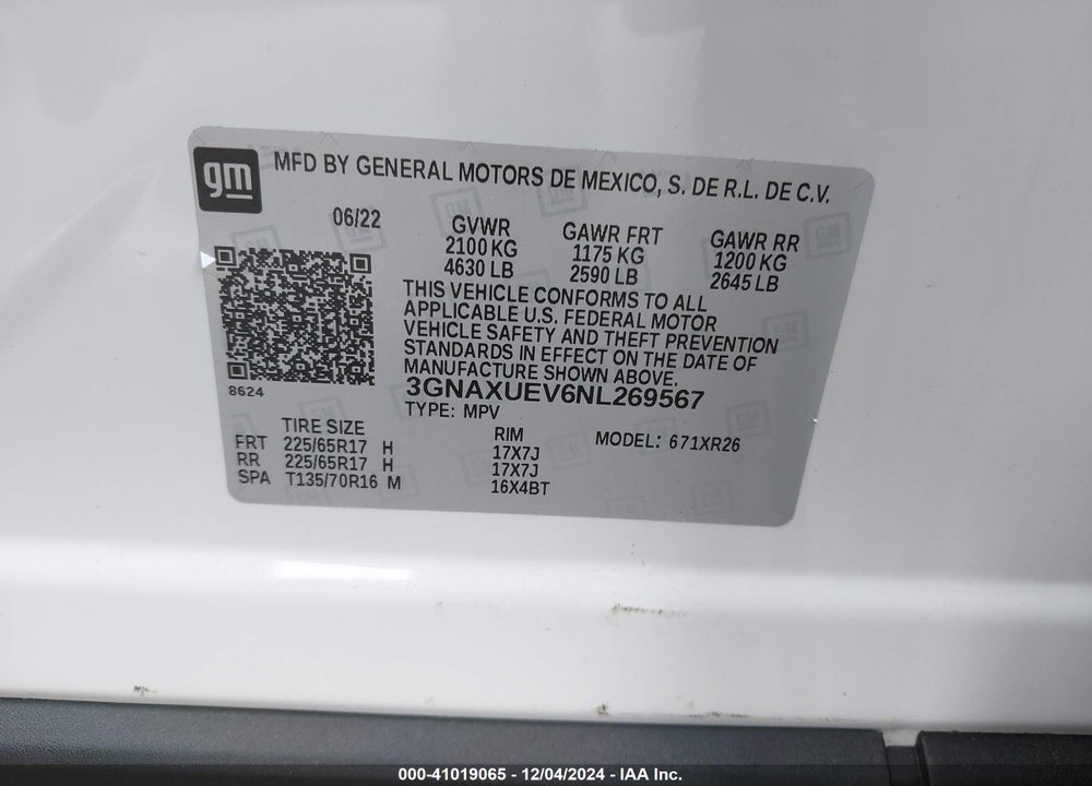 2022 CHEVROLET EQUINOX AWD LT VIN: 3GNAXUEV6NL269567