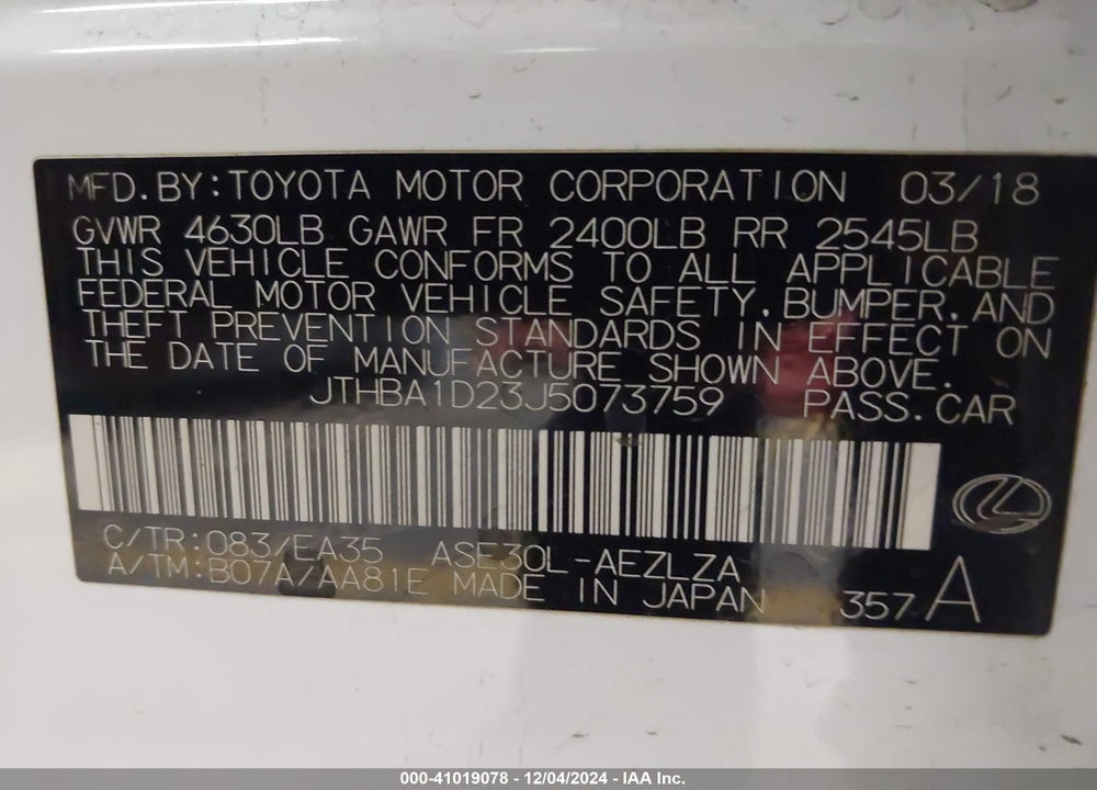 2018 LEXUS IS 300 VIN: JTHBA1D23J5073759