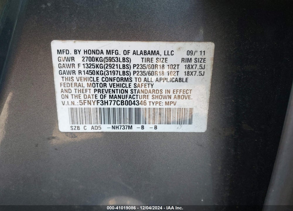 2012 HONDA PILOT EX-L VIN: 5FNYF3H77CB004346