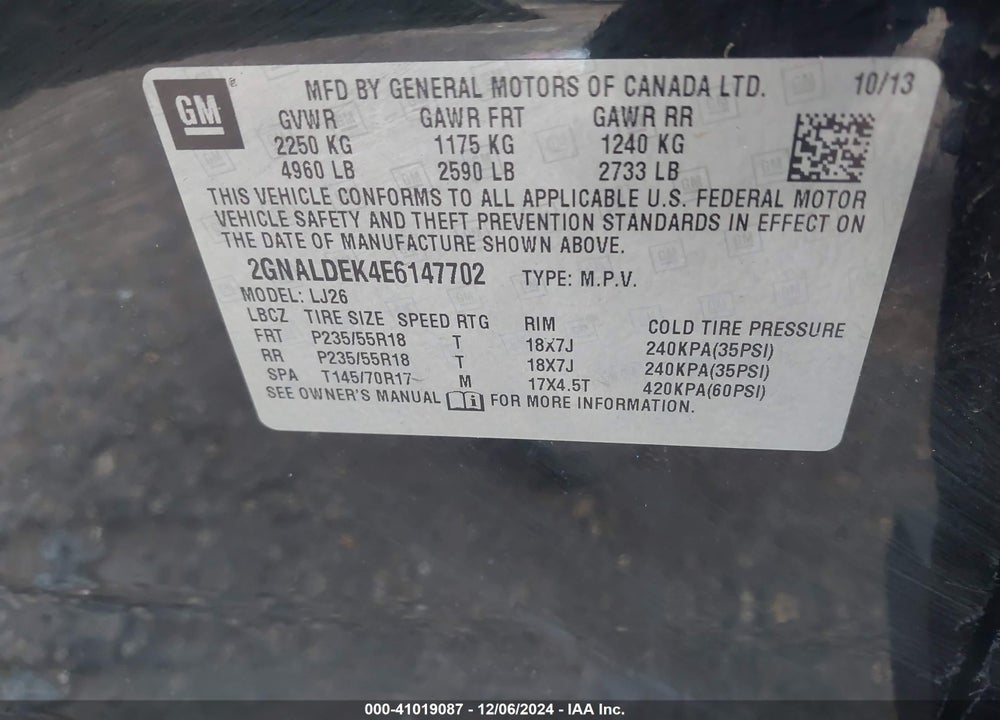 2014 CHEVROLET EQUINOX LTZ VIN: 2GNALDEK4E6147702