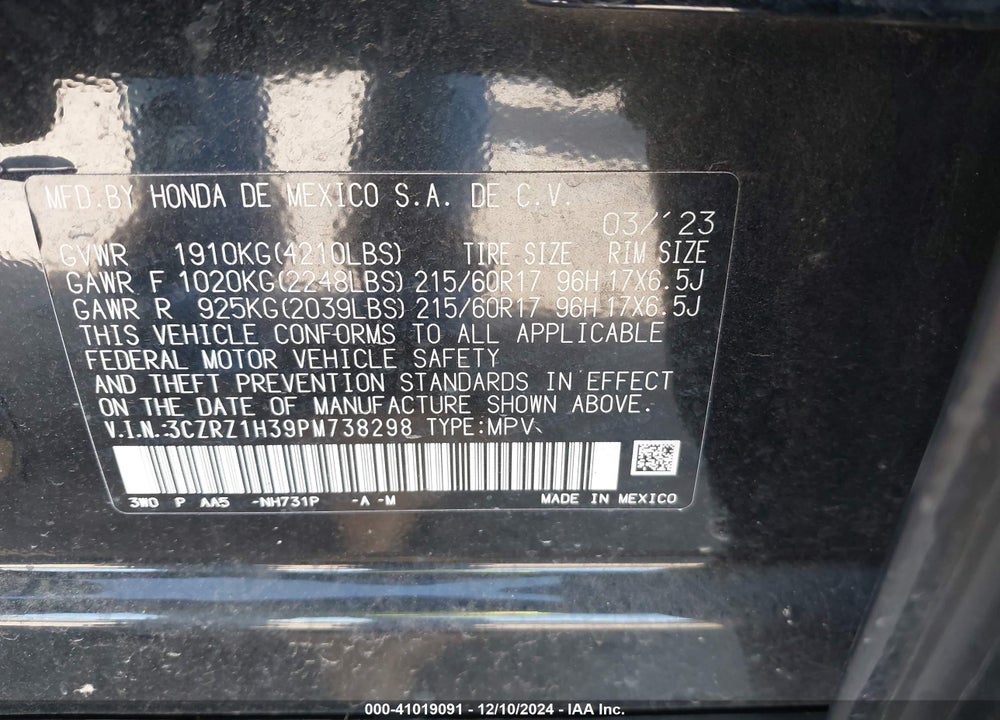 2023 HONDA HR-V 2WD LX VIN: 3CZRZ1H39PM738298