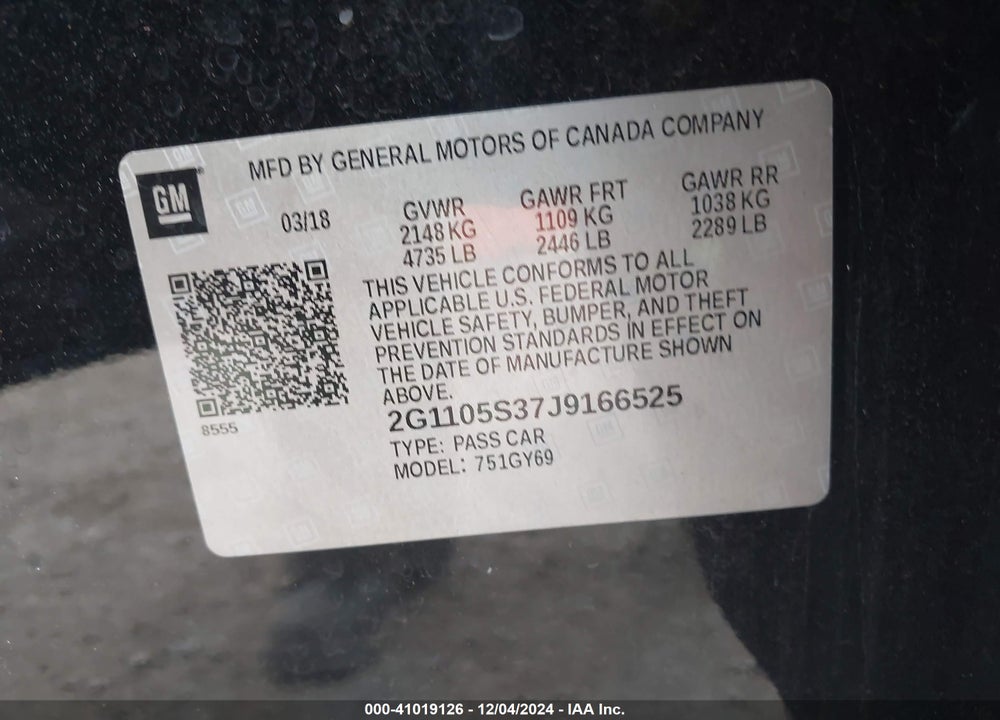 2018 CHEVROLET IMPALA VIN: 2G1105S37J9166525