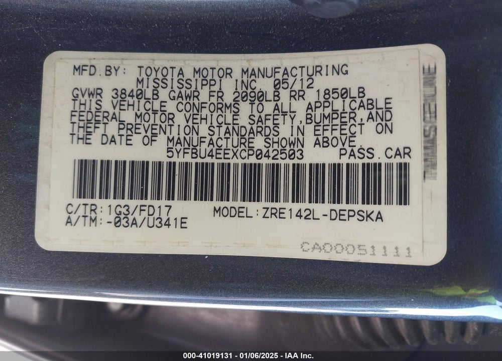 2012 TOYOTA COROLLA S VIN: 5YFBU4EEXCP042503