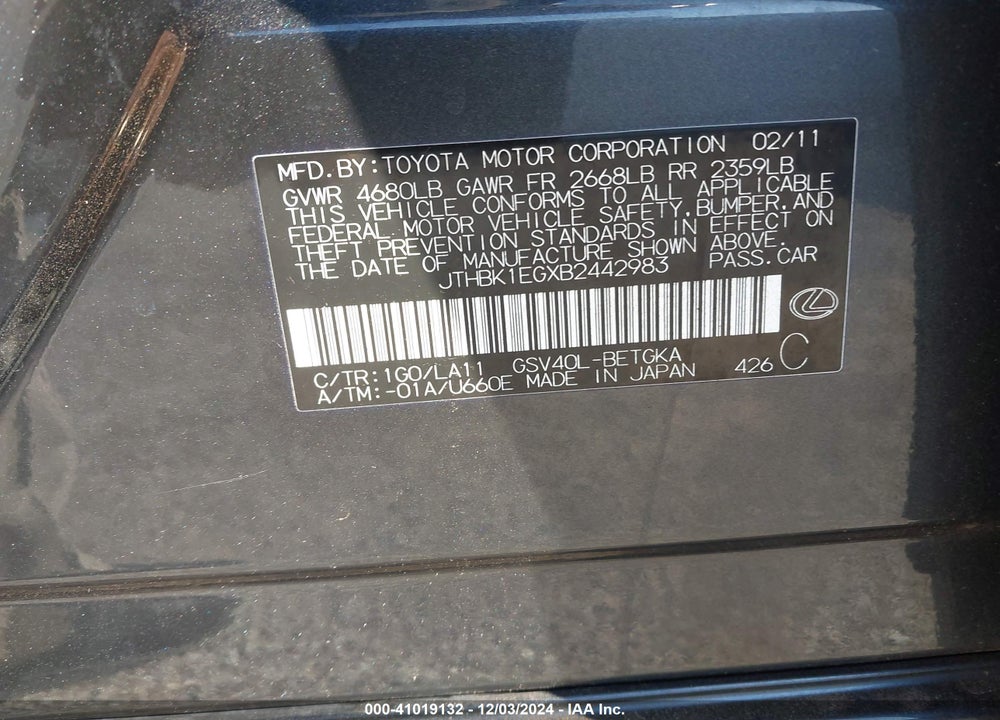 2011 LEXUS ES 350 VIN: JTHBK1EGXB2442983