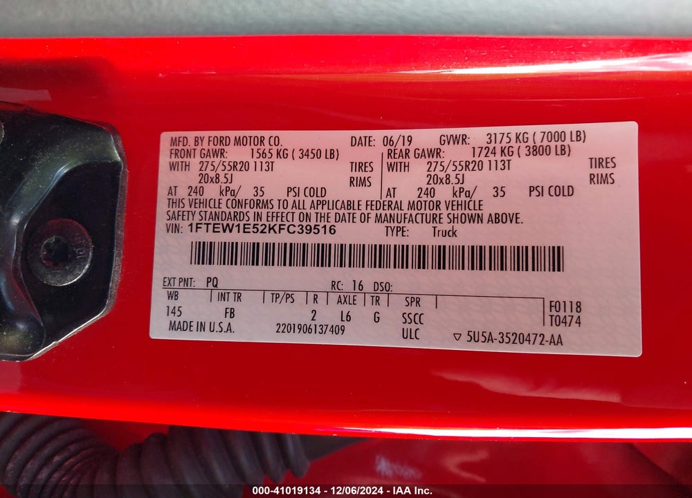 2019 FORD F-150 XLT VIN: 1FTEW1E52KFC39516