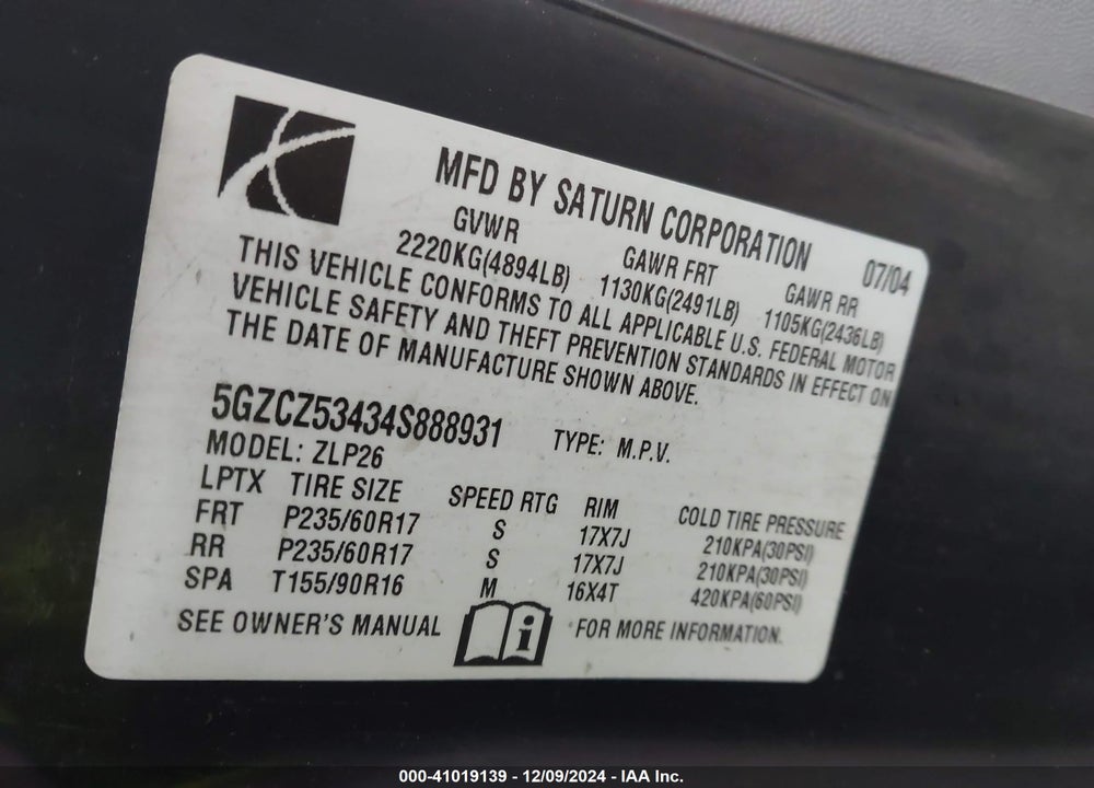 2004 SATURN VUE V6 VIN: 5GZCZ53434S888931