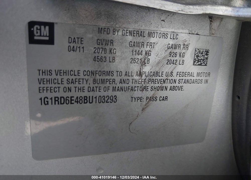 2011 CHEVROLET VOLT VIN: 1G1RD6E48BU103293