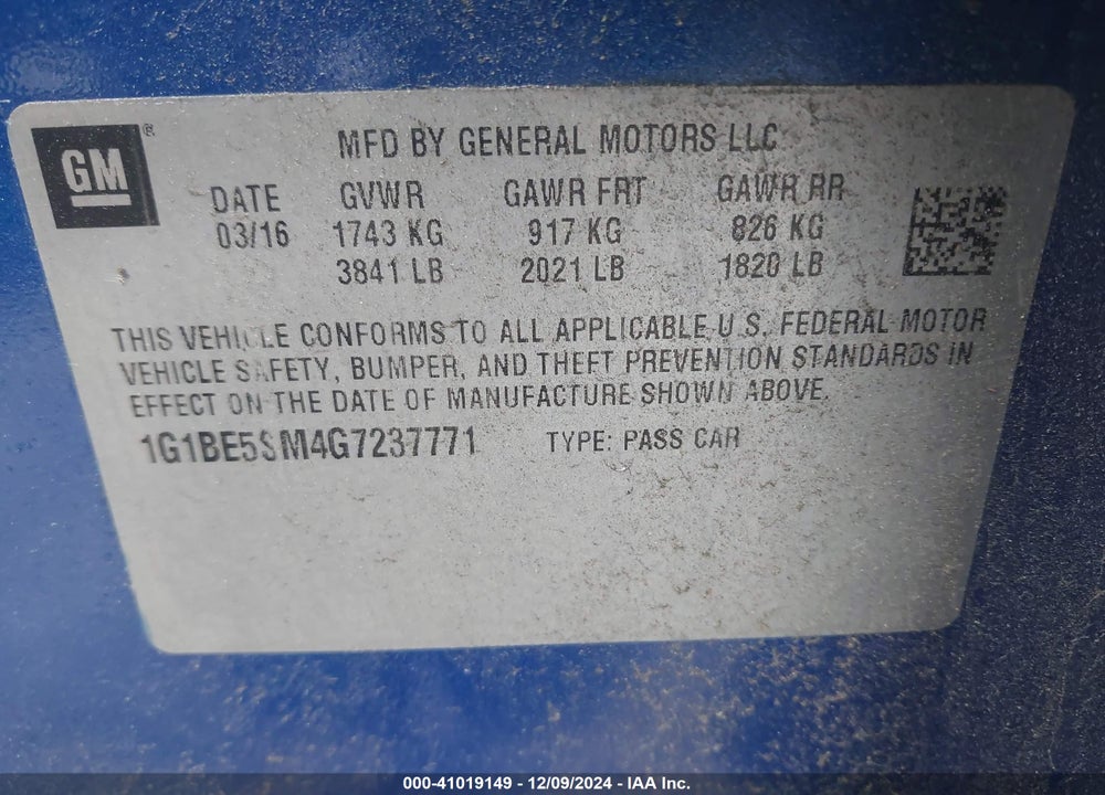 2016 CHEVROLET CRUZE LT AUTO VIN: 1G1BE5SM4G7237771