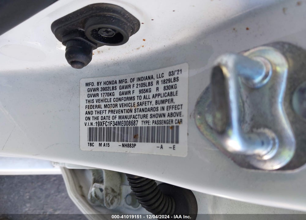 2021 HONDA CIVIC EX VIN: 19XFC1F34ME008687