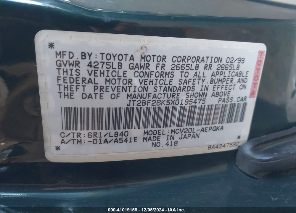 1999 TOYOTA CAMRY XLE V6 VIN: JT2BF28K5X0195475