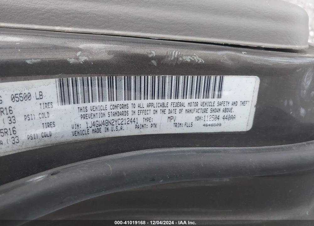 2000 JEEP GRAND CHEROKEE LAREDO VIN: 1J4GW48N2YC212441