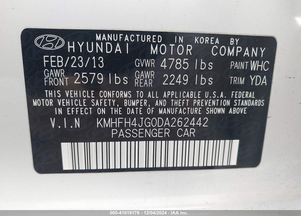 2013 HYUNDAI AZERA VIN: KMHFH4JG0DA262442