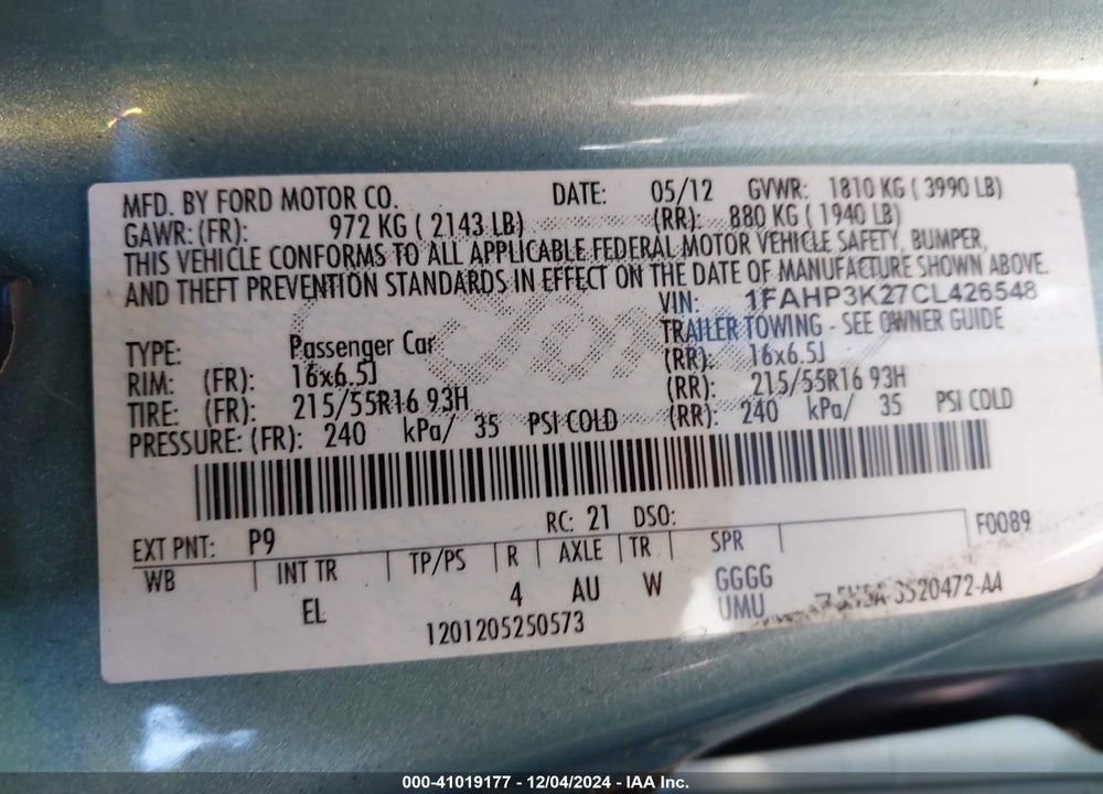 2012 FORD FOCUS VIN: 1FAHP3K27CL426548