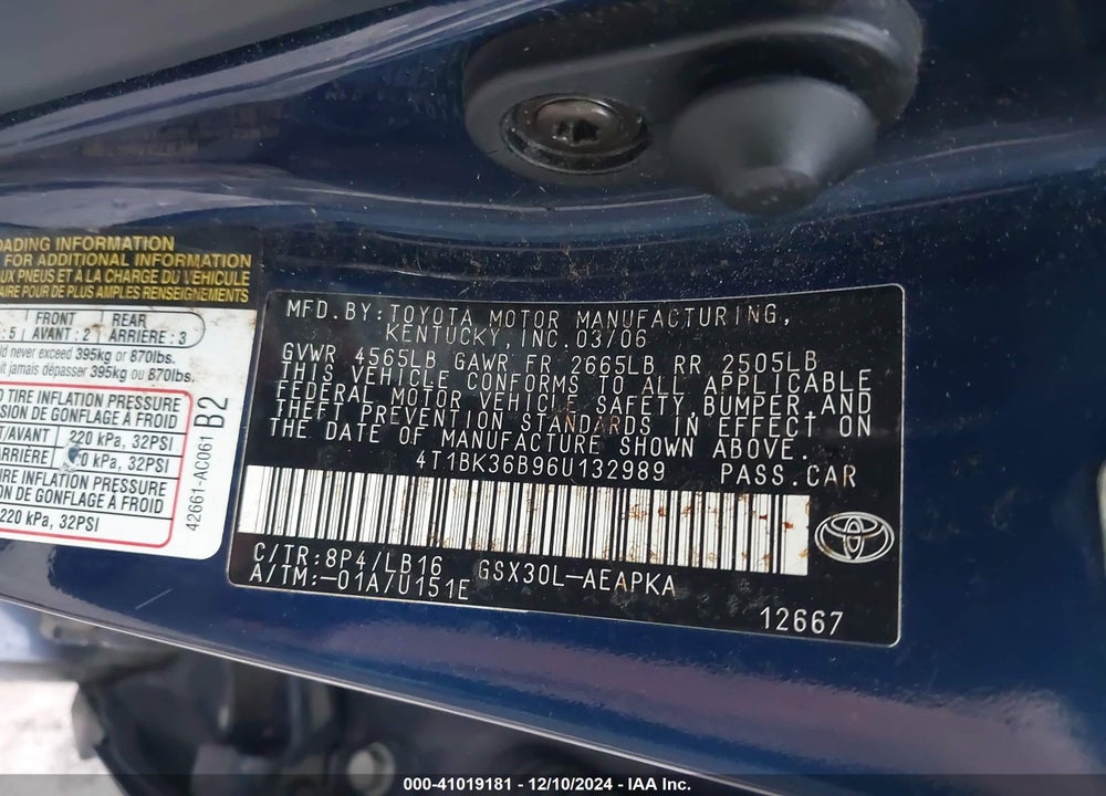 2006 TOYOTA AVALON LIMITED VIN: 4T1BK36B96U132989