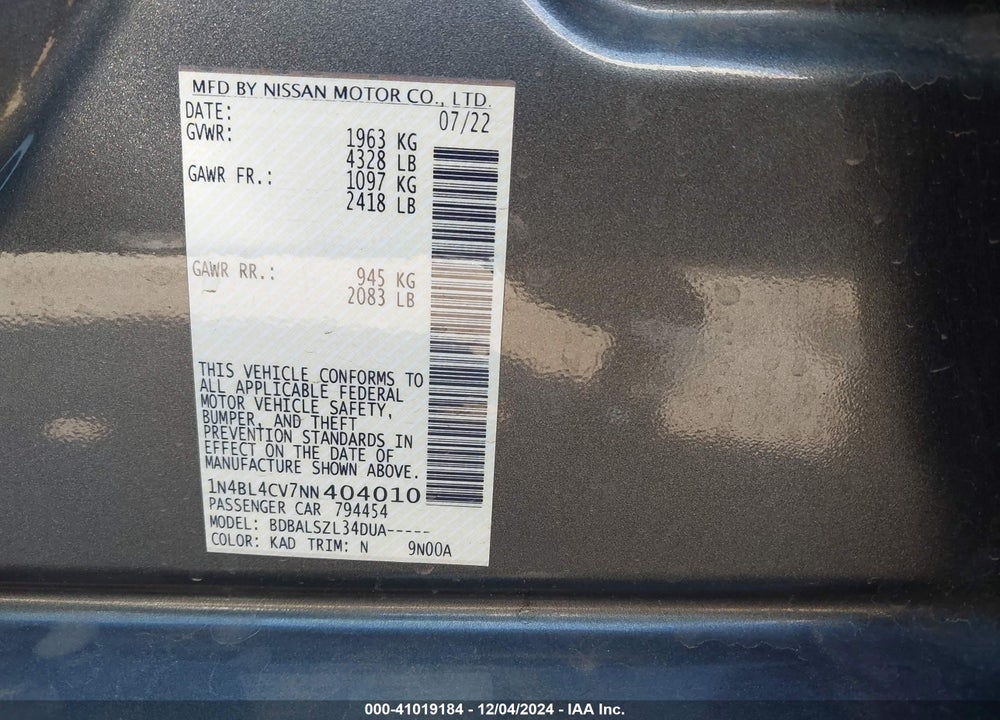2022 NISSAN ALTIMA SR FWD VIN: 1N4BL4CV7NN404010