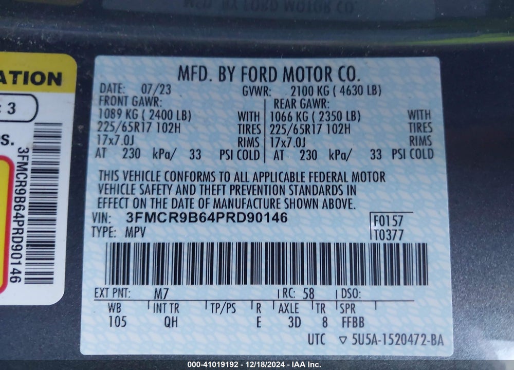2023 FORD BRONCO SPORT BIG BEND VIN: 3FMCR9B64PRD90146