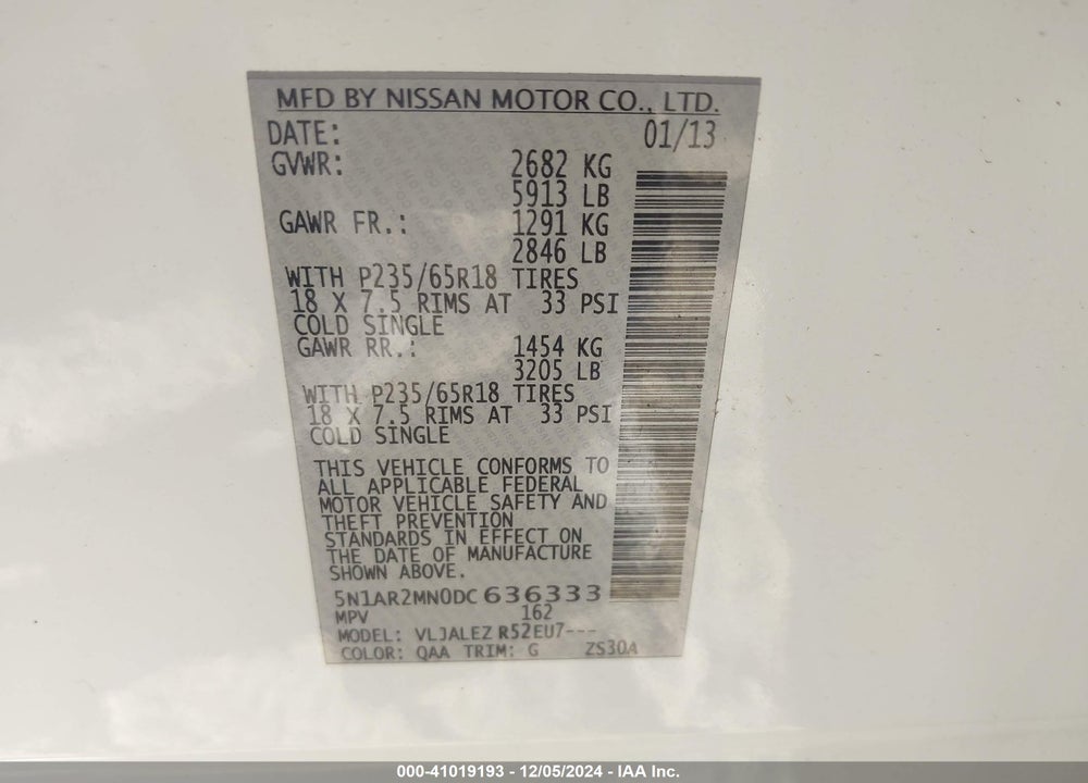 2013 PATHFINDER NISSAN  SV VIN: 5N1AR2MN0DC636333