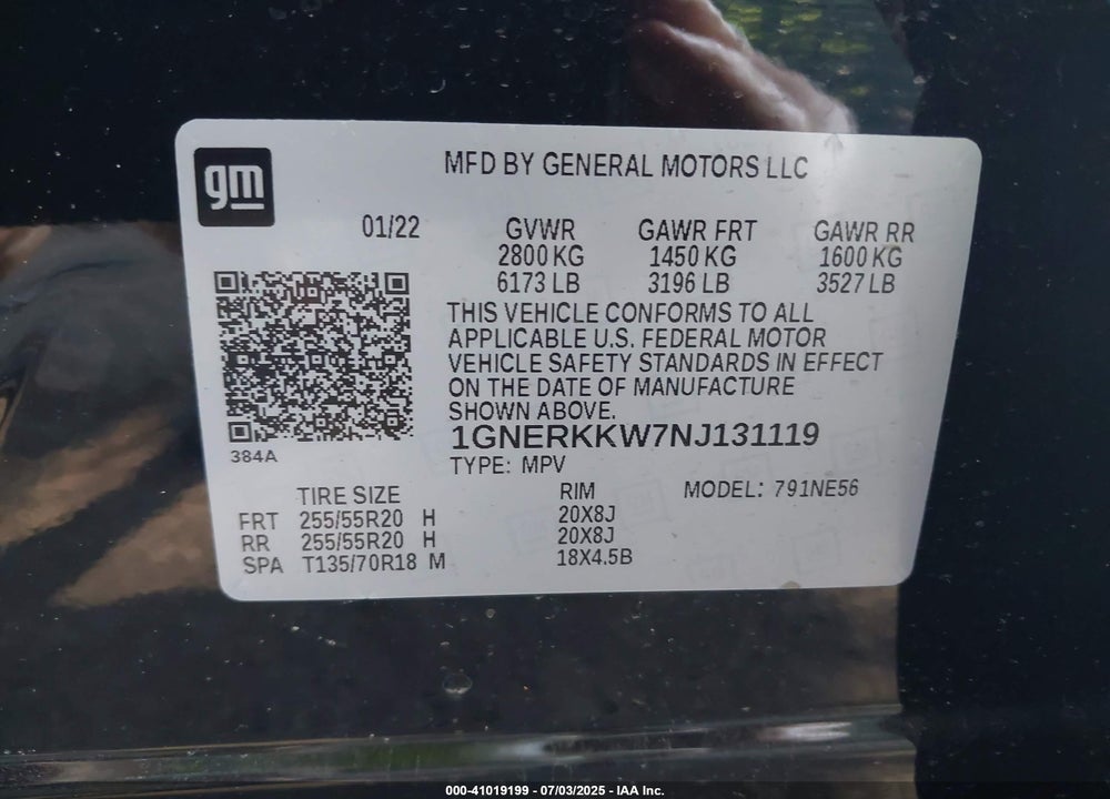 2022 CHEVROLET TRAVERSE VIN: 1GNERKKW7NJ131119