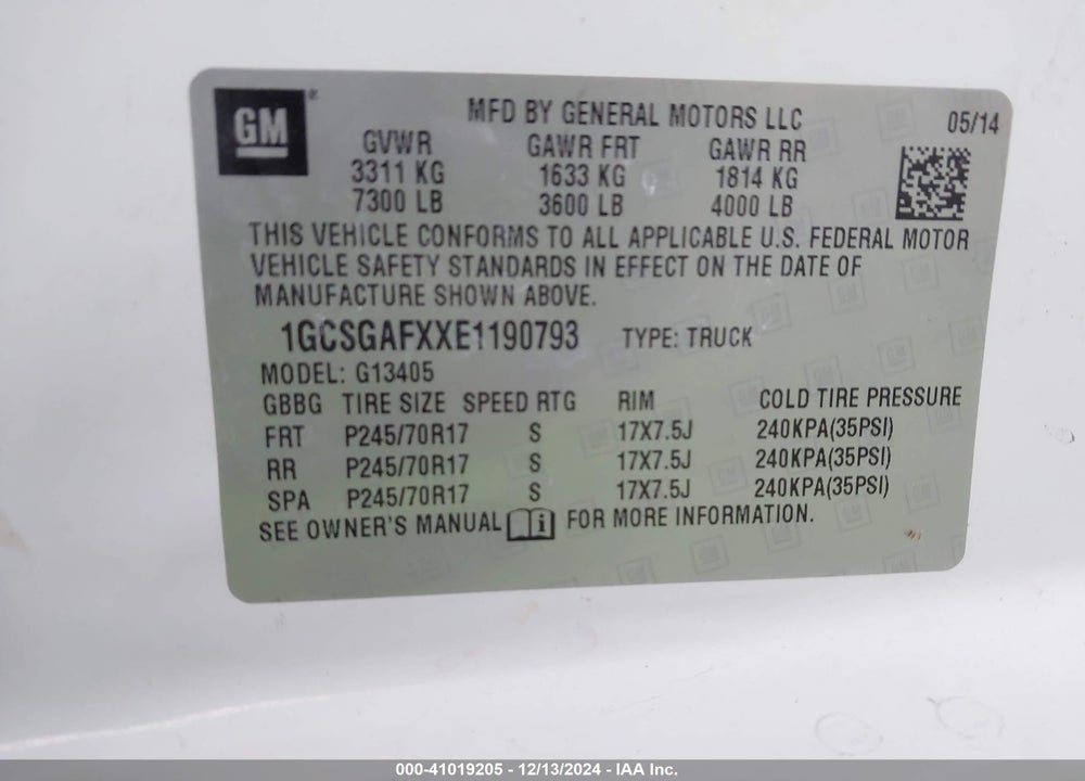 2014 CHEVROLET EXPRESS 1500 WORK VAN VIN: 1GCSGAFXXE1190793