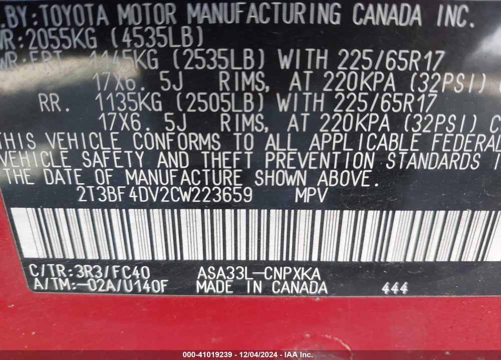 2012 TOYOTA RAV4 VIN: 2T3BF4DV2CW223659