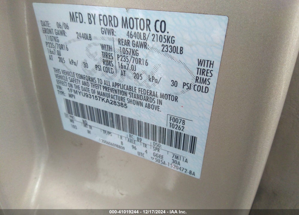 2007 FORD ESCAPE XLT/XLT SPORT VIN: 1FMYU93157KA28385