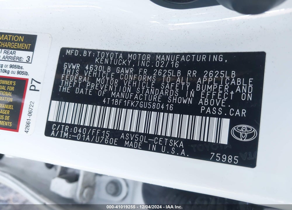 2016 TOYOTA CAMRY SE VIN: 4T1BF1FK7GU580416