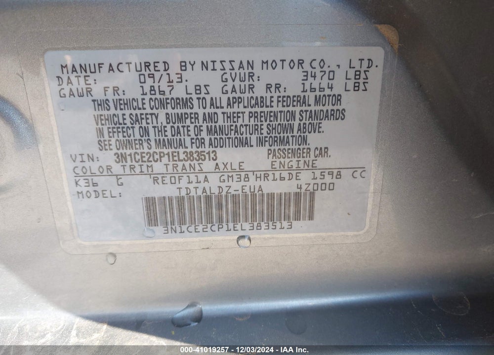 2014 NISSAN VERSA NOTE SV VIN: 3N1CE2CP1EL383513