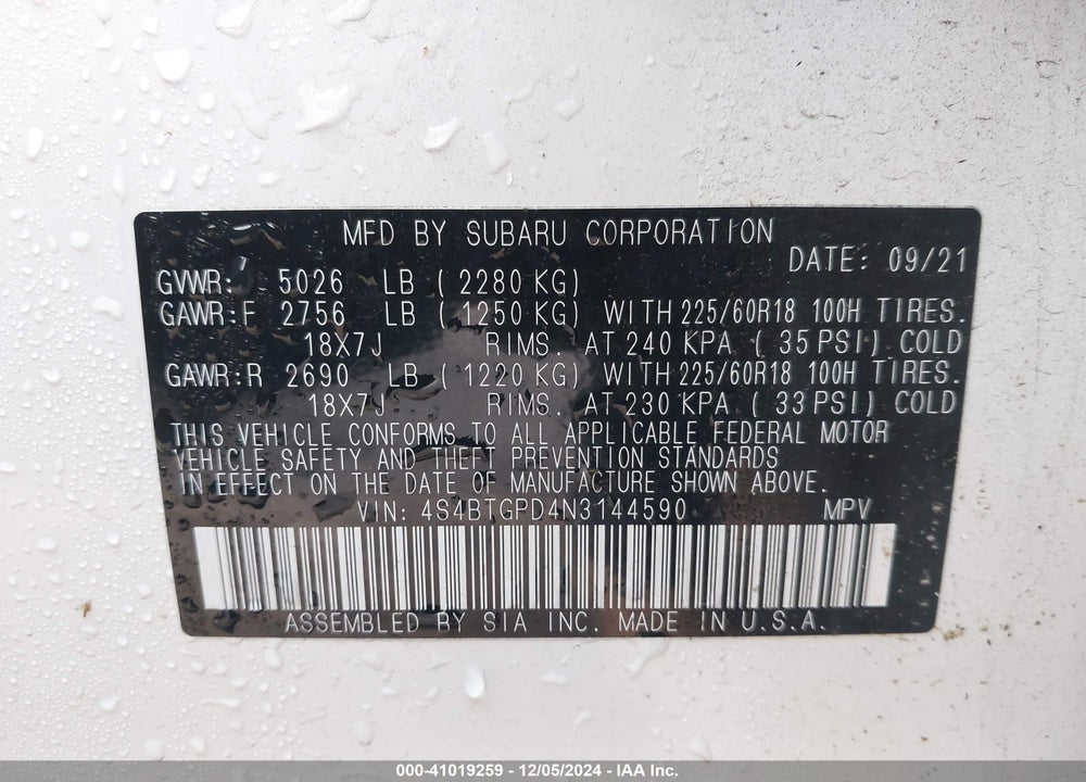 2022 SUBARU OUTBACK TOURING XT VIN: 4S4BTGPD4N3144590