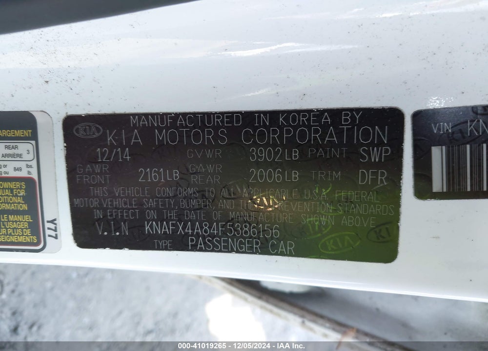 2015 KIA FORTE EX VIN: KNAFX4A84F5386156