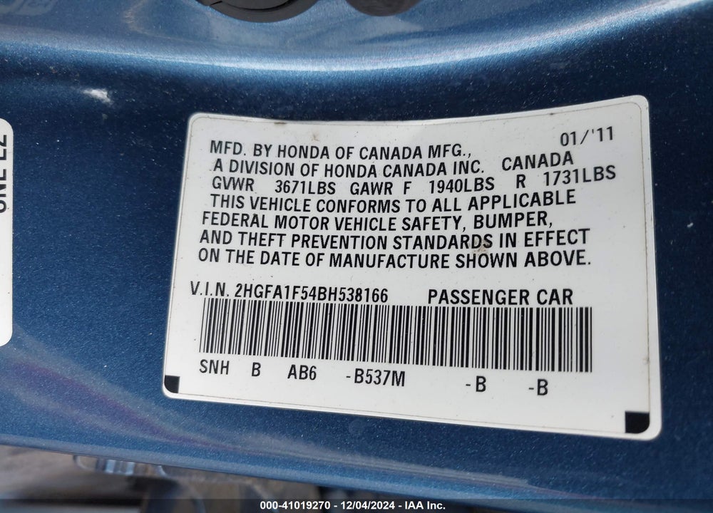2011 HONDA CIVIC LX VIN: 2HGFA1F54BH538166