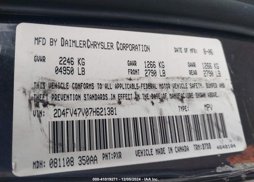 2007 DODGE MAGNUM VIN: 2D4FV47V07H621381