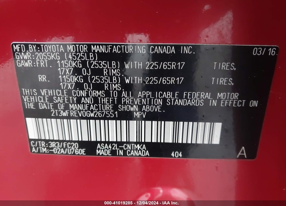 2016 TOYOTA RAV4 XLE VIN: 2T3WFREV0GW267551