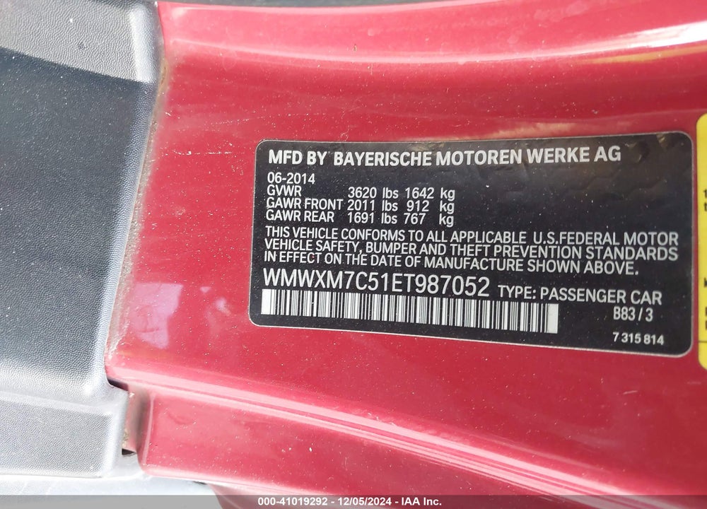 2014 MINI HARDTOP COOPER S VIN: WMWXM7C51ET987052