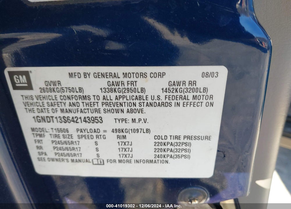 2004 CHEVROLET TRAILBLAZER LT VIN: 1GNDT13S642143953