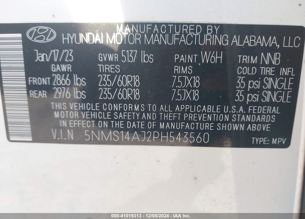 2023 HYUNDAI SANTA FE SE VIN: 5NMS14AJ2PH543560