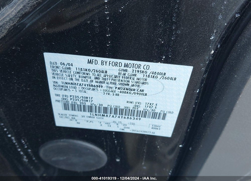 2004 LINCOLN LS V8 VIN: 1LNHM87A74Y686349
