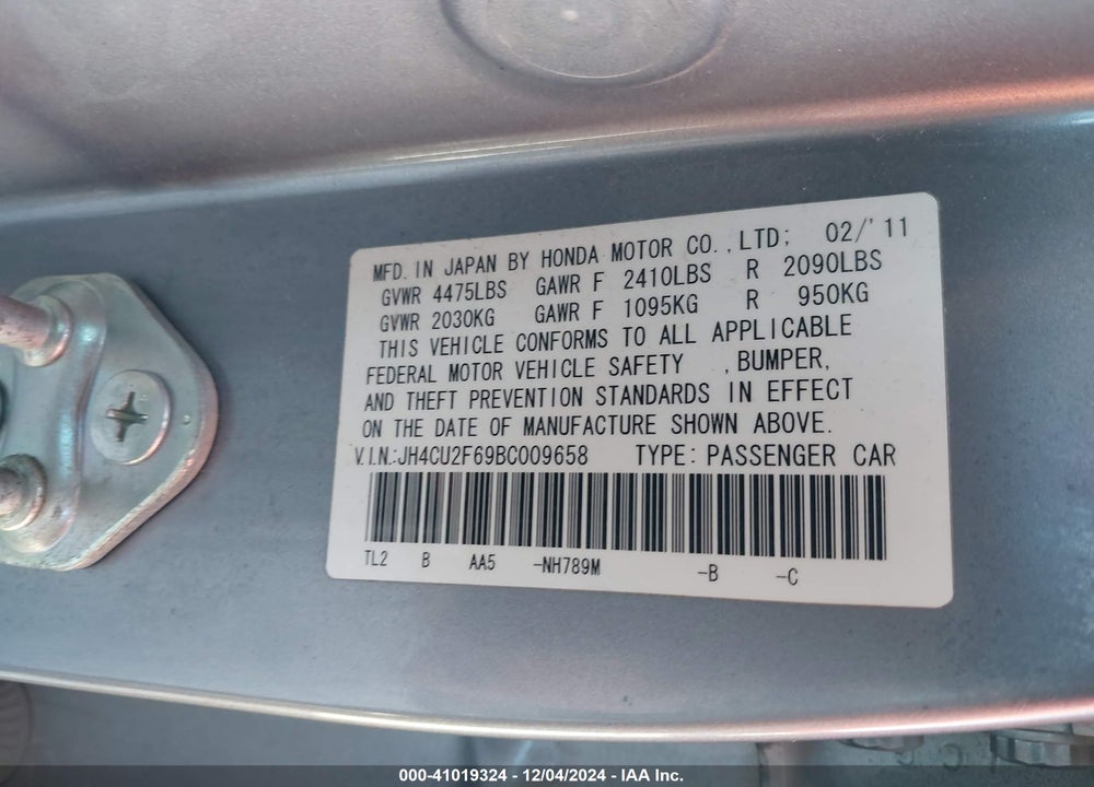 2011 ACURA TSX 2.4 VIN: JH4CU2F69BC009658