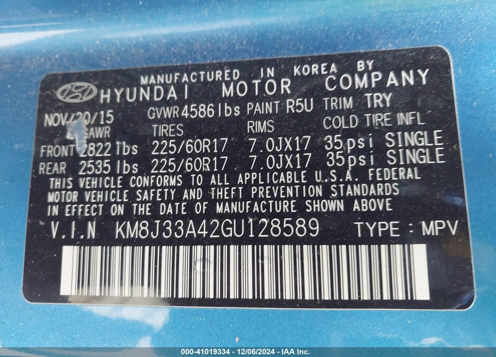 2016 HYUNDAI TUCSON SE VIN: KM8J33A42GU128589