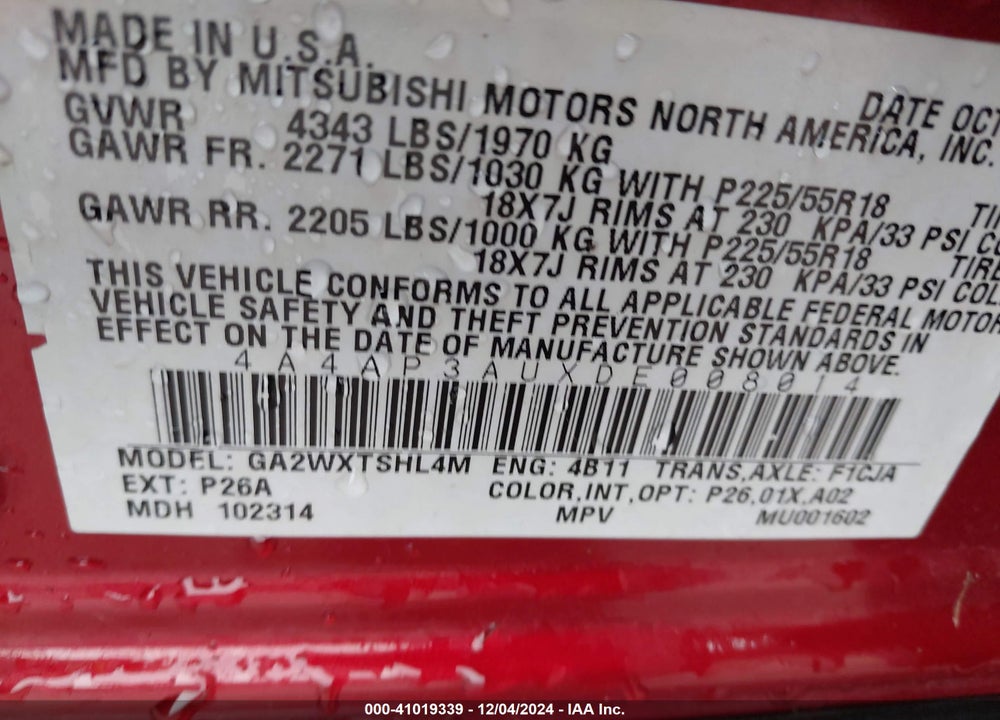 2013 MITSUBISHI OUTLANDER SPORT ES VIN: 4A4AP3AUXDE008014