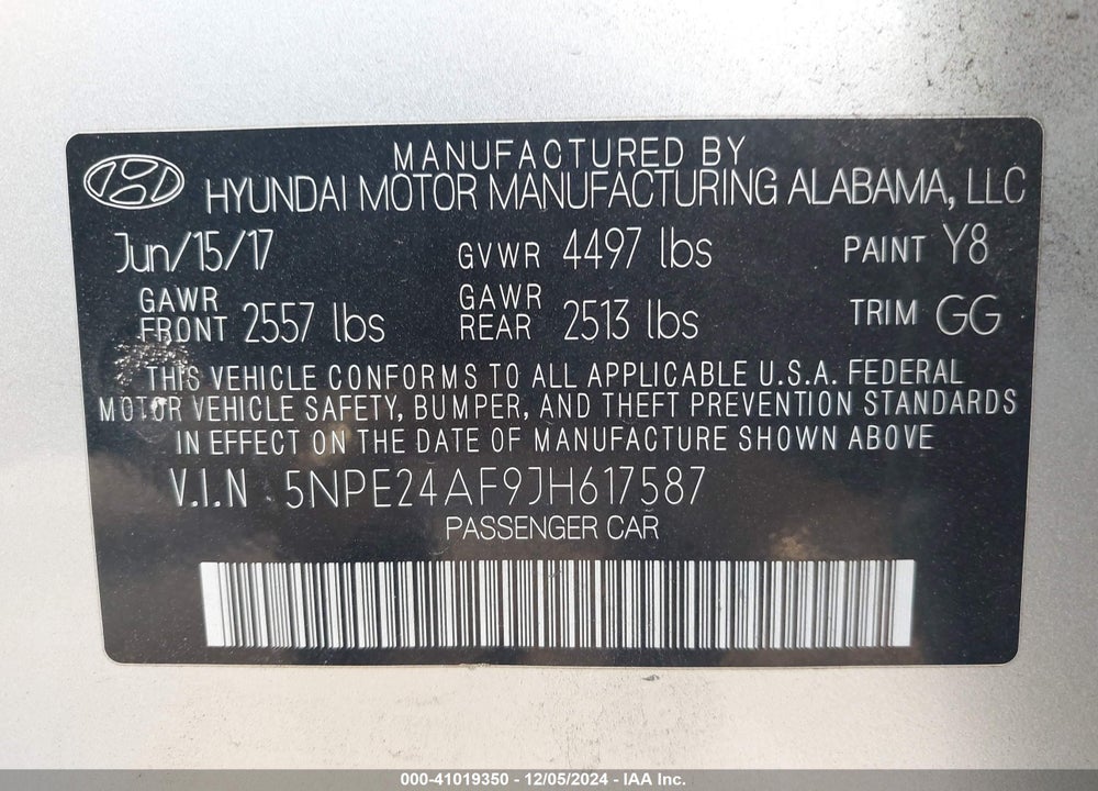 2018 HYUNDAI SONATA VIN: 5NPE24AF9JH617587