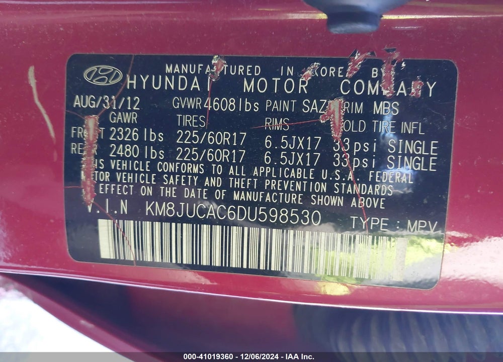 2013 HYUNDAI TUCSON GLS VIN: KM8JUCAC6DU598530