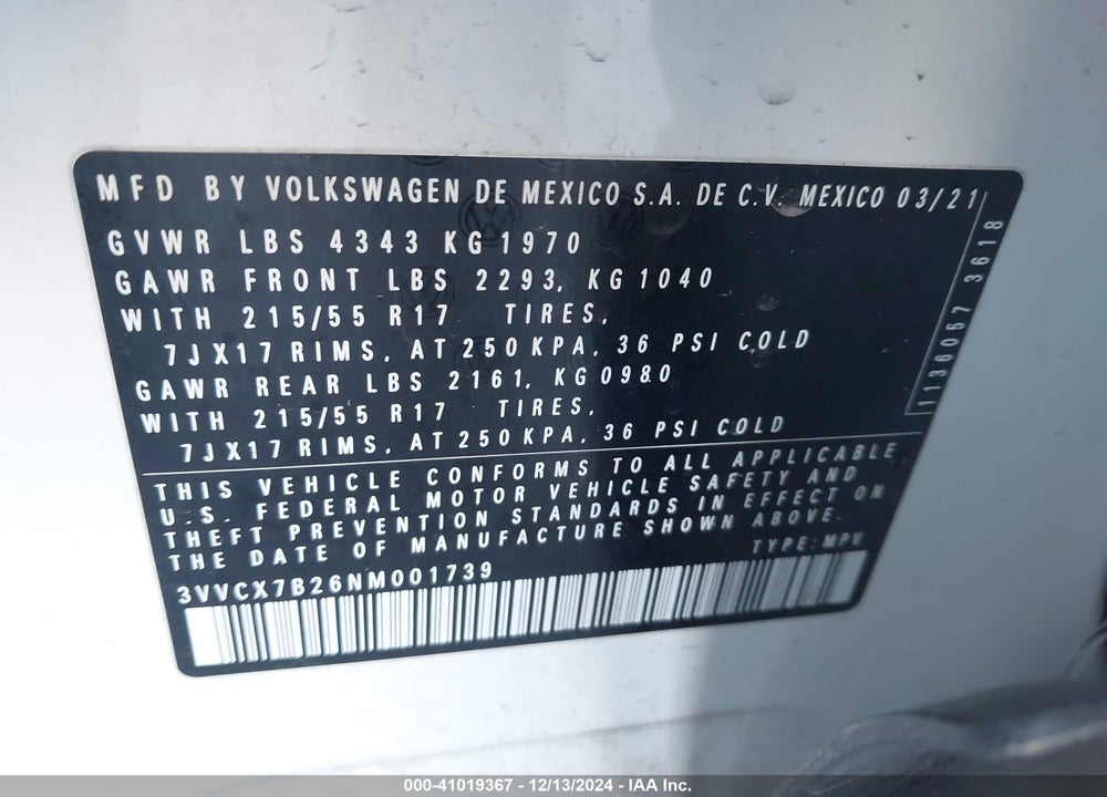 2022 VOLKSWAGEN TAOS 1.5T S VIN: 3VVCX7B26NM001739